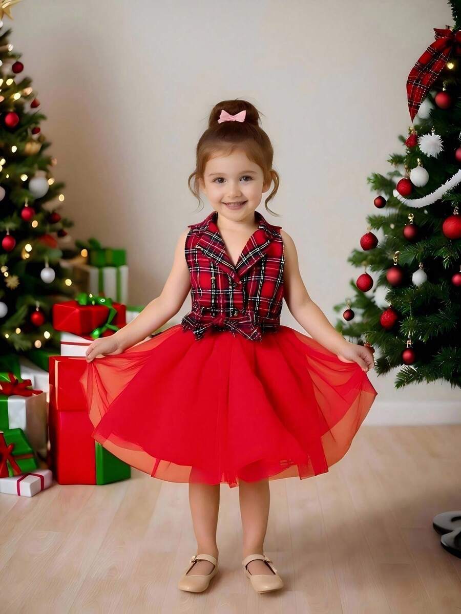 Glamorique Kids Vestido elegante de niña bebé a cuadros rojos con contraste de malla, adecuado para uso diario, fiestas y reuniones, que muestra la inocencia y la ternura de la niña pequeña - Rojo - Ver 1