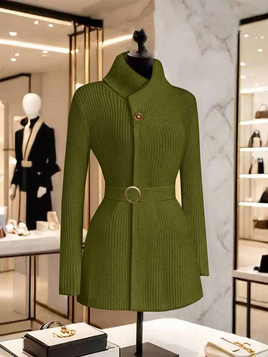 GlowEve Women's Elegant Solid Color Turnover Collar Belted Cardigan, Autumn/Winter - Army Green - View 1