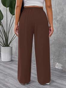 SHEIN PETITE CURVE Petite Plus Size Women's Solid Color Pleated Pants/Winter - Brown - View 2