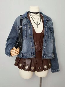 Sunspun Chaquetas de mezclilla de talla grande estilo punk - Azul - Ver 1