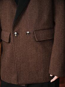 Zovinel Uhlyne 秋季棕色拼接西装外套，法式通勤风格，复古商务休闲女装 - 棕色 - 查看 2
