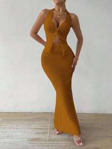 Chiquease 女式纯色扭结无袖上衣和裙子两件套 - 銅色 - 查看 3