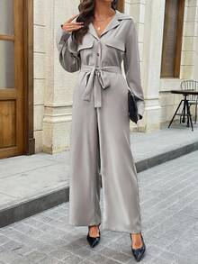 EMERY ROSE Women's Collared Tie Front Long Sleeve Jumpsuit - Light Grey - View 4