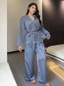 Dazy Plus 2pcs/Set Elegant Plus Size Women Casual Solid Color Lace-Up Top And Pants Pajama Set, Fall Clothes - Royal Blue - View 8