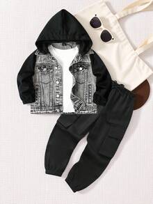 Young Boy Casual All-Match Personalized Fitted Knit Sleeve Patchwork Sherpa Collar Washed Denim Jacket & Coat, Essential New Arrivals 2025 Fall Winter - Grey - View 1