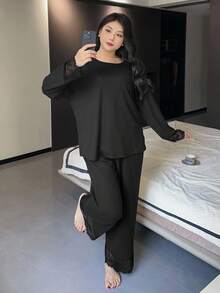 Dazy Plus 2pcs Plus Size Women Loose Contrast Lace Top And Pants Pajama Set, Spring/Autumn, Fall Clothes - Black - View 5