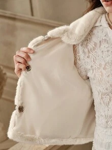SHEIN Unity Women's Autumn/Winter Sequin Patchwork Faux Fur Trim Long Sleeve Fashionable Jacket, Suitable For Party Occasions - White - View 8