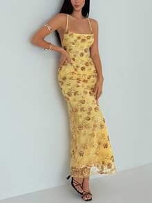 Aloruh Women's Spaghetti Strap Backless Sequin Dress, Fitted And Fashionable - Gold - View 6