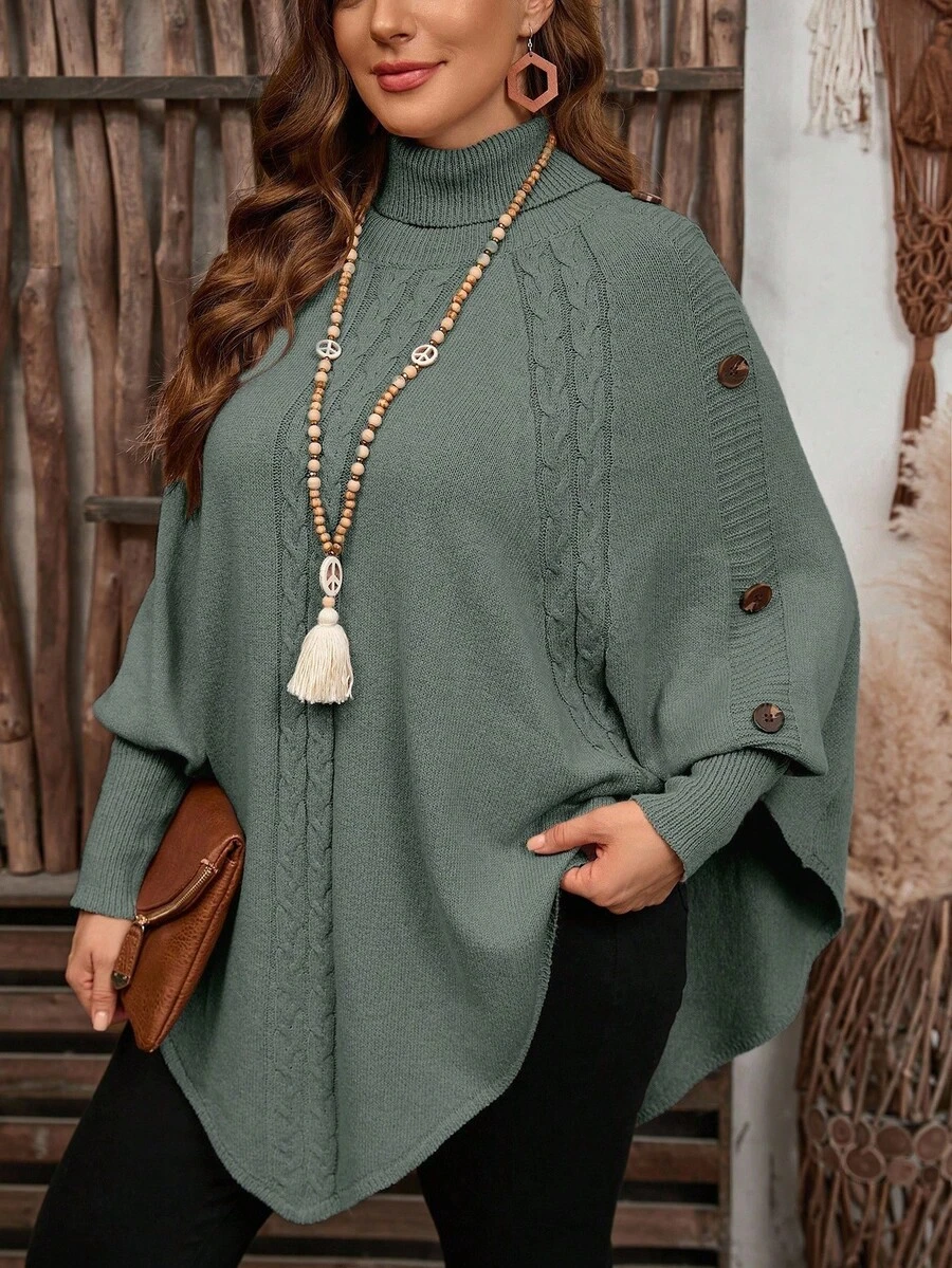 EMERY ROSE Suéter elegante de mujer de unicolor, de cuello alto con botones, estilo capa de manga larga tipo murciélago, de punto, para otoño/invierno - Verde Oliva - Ver 1