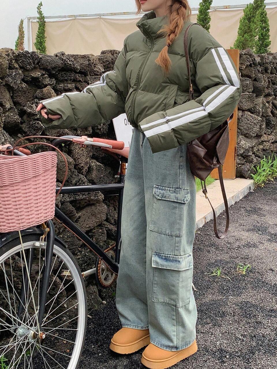 Women's Side Stripe Stand Collar Long Sleeve Casual Padded Coat, Winter ,Winter Women Clothes,Winter Coat Women Jacket