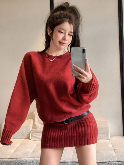 Women's Crew Neck Solid Color Casual Korean Style Long Sleeve Comfortable Sweater, Autumn/Winter,New Year,Christmas