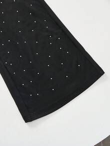 SHEIN LUNE 女士时尚休闲宽松水钻装饰阔腿裤 - 黑色 - 查看 5