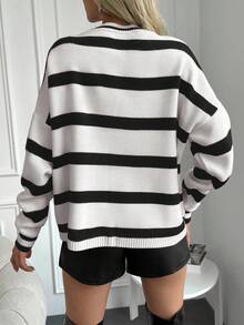Cloudara Striped Pattern Drop Shoulder Jumper - Black and White - View 2