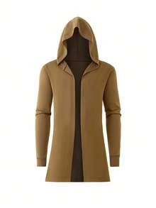 Manfinity Homme Men's Solid Color Long Sleeve Casual Open Front Hooded Cardigan, Autumn/Winter - Brown - View 1