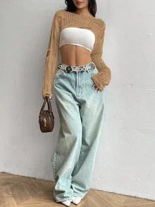 Flirla 休闲纯色镂空短袖女毛衣 - 卡其色 - 查看 4