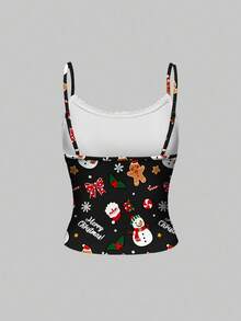 ROMWE Avant Ensemble de pyjama avec débardeur en dentelle à imprimé tout-sur-tout de Noël et shorts côtelés, vêtements de détente casual - Noir - Voir 4