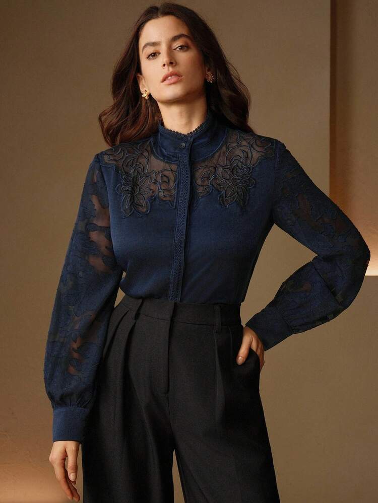 Elegant Niche French Lace Patchwork Women Long Sleeve Blouse Women Shirt Veslaya Curve