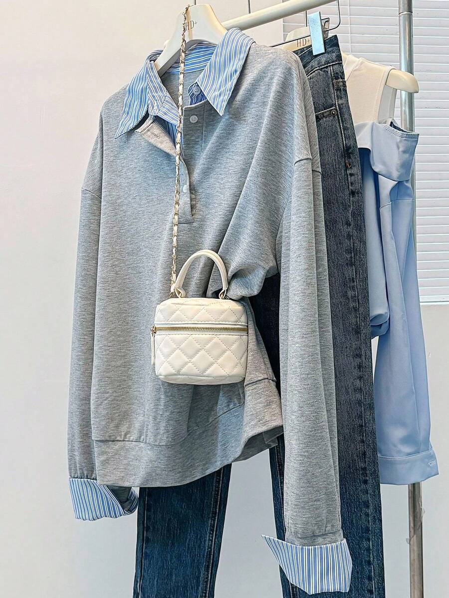 Franclia Women's Casual All-Match Autumn And Winter Striped Lapel Stitching Contrast Color False Two-Piece Loose Lazy Women's Autumn And Winter Sweatshirt Tops Going Out Tops Women's Autumn Matching - Light Grey - View 1