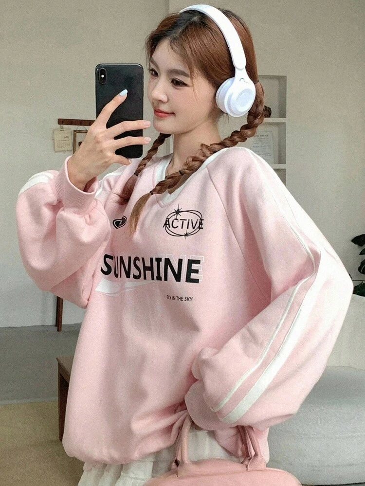 Women's V-Neck Loose Pattern Print Contrast Color Thermal Lined Thick Sweatshirt Fall/Winter