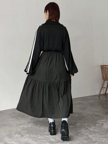 FRIFUL 1 buah Gaun Panjang Maxi Wanita Motif Garis-garis Blok Warna dengan Hiasan Ruffle di Bagian Bawah dan Resleting Depan, Gaun Santai untuk Perjalanan Musim Gugur Hitam Putih - Hitam - View 5