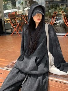 DAZY 2件套女士连帽休闲韩版卫衣和宽松运动裤套装，女士家居服套装 - 灰色 - 查看 8