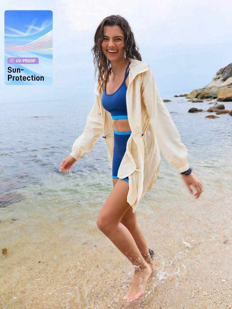 In My Nature Chaqueta con capucha y cintura con cordón de unicolor para protección solar para mujeres - Caqui - Ver 1