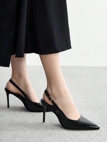 CUCCOO SZL Women's Pointed Toe Stiletto High Heel Black Patent PU Leather Slingback Pumps, Simple & Fashionable For Work And Versatile Wear - Black - View 3