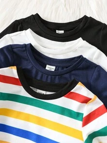 SHEIN 4 pezzi/confezione Magliette a maniche lunghe in maglia a tinta unita casual unisex per neonati, abbigliamento per bebè maschio e bebè femmina, inverno - Multicolore - Visualizzare 4