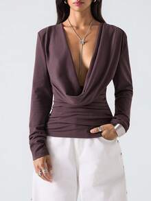 LYSMO 2025新款极简秋冬女式休闲翻领上衣/T恤/性感打底衫/女士优雅纯色垂褶领长袖T恤，秋季女装/秋季女装/万圣节服装/万圣节女装/万圣节衬衫/圣诞节女装/圣诞夜惊魂/派对上衣 - 咖啡棕 - 查看 3