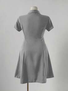 Sunspun Punk Chic Fashion Collared Casual Versatile Contrast Color Spider Print Waist Fit A-Line Dress - Grey - View 2