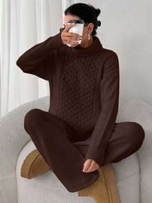 EURMUSE 2pcs Set: Cable Knit Turtleneck Long Sleeve Top And Solid Color Pants - Brown - View 5