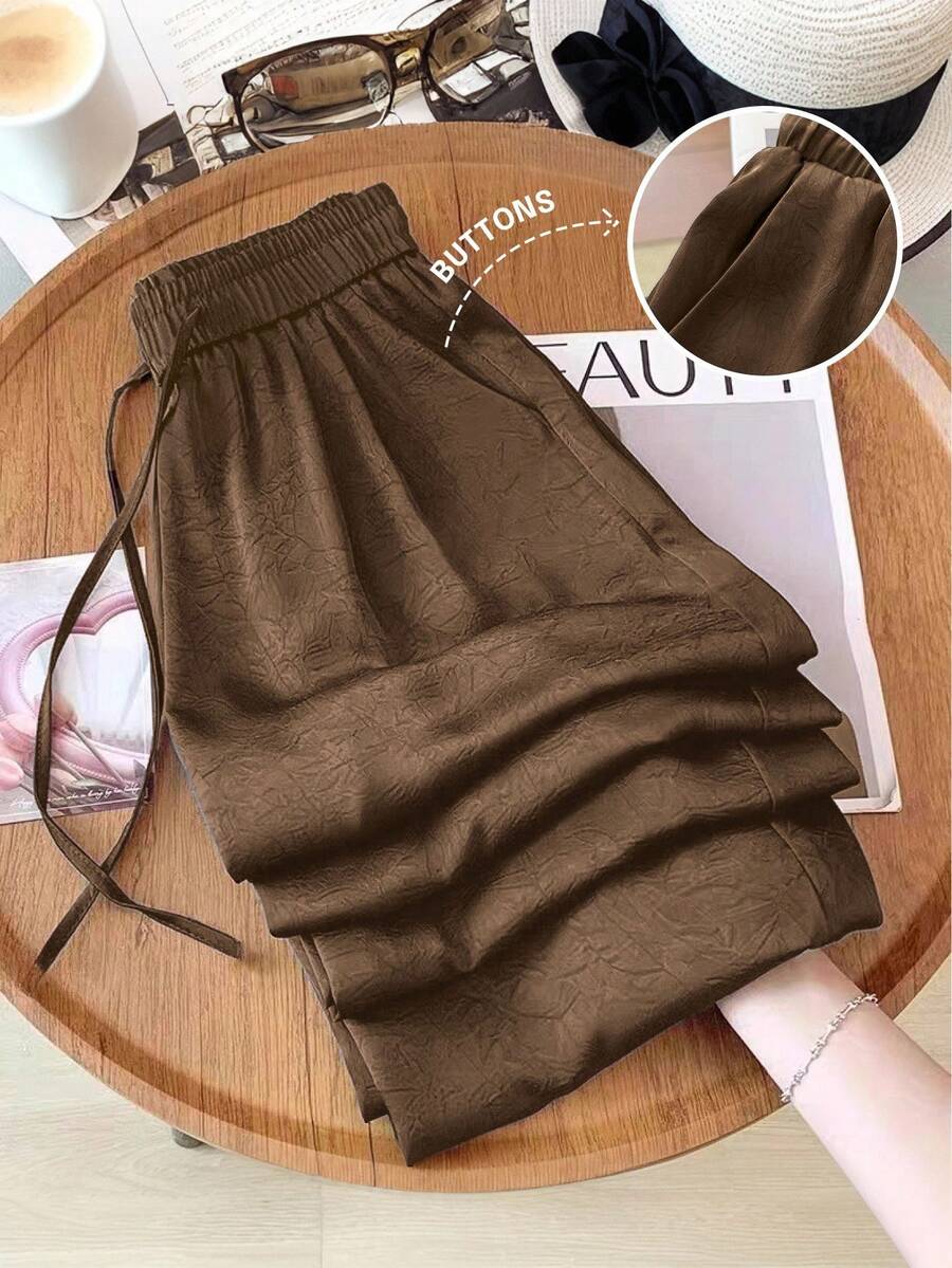 SHEIN LUNE 春夏女士纹理缎面触感宽松休闲阔腿裤，优雅休闲度假之选 - 棕色 - 查看 1