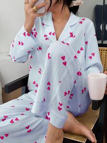 SHEIN 女士翻领爱心条纹长袖上衣和裤子睡衣套装，秋冬服装 - 彩色 - 查看 5