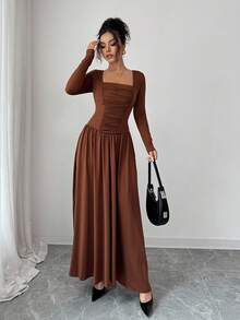 Elenzga Women's Coffee Brown Square Collar High-End Design Front Panel Splice Ruched Slim Fit Cinched Waist Elegant Long Sleeve A-Line Midi Dress, Suitable For Commuting In Autumn Fall Cloth For Women - Coffee Brown - View 5