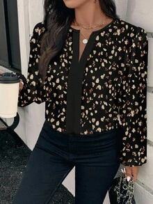 EMERY ROSE 休闲优雅波尔卡圆点和豹纹圆领长袖加大码衬衫，适合春秋季节豹纹上衣猎豹印花上衣长袖衬衫纽扣衬衫女式衬衫 V 领衬衫女式衬衫 - 彩色 - 查看 3