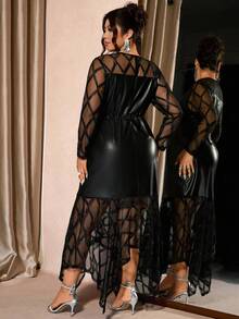 Cravure Damen Große Größen PU Kontrast Mesh Elegantes Asymmetrisches Saum Party Kleid - Schwarz - Übersicht 2