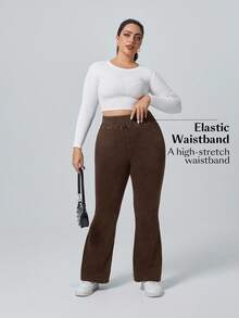 Flexra Große Größen einfarbige elastische Taille dehnbare Strick Lässig Weites Bein Schlagjeans - Kaffeebraun - Übersicht 6