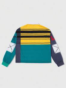 ROMWE MEN Spring Casual Graphic Men'S Prep Letter & Stripe Print Long Sleeve Casual Polo Neck Sweatshirt, Fall - Multicolor - View 2