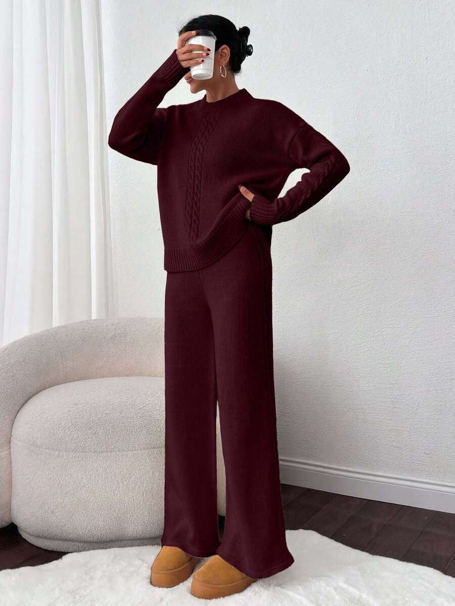 EURMUSE 女士秋冬麻花针织落肩长袖毛衣和针织裤两件套休闲套装 - 酒紅色 - 查看 1