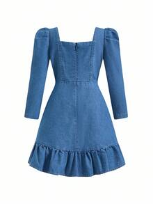 Elladie kids Girls Blue Autumn Washed Casual Fitted Pleated Denim Dress,Ruched Hem,Cute Bow Decor,Suitable Everyday Wear,Minimalist & Fashionable Fall Winter - Medium Wash - View 2