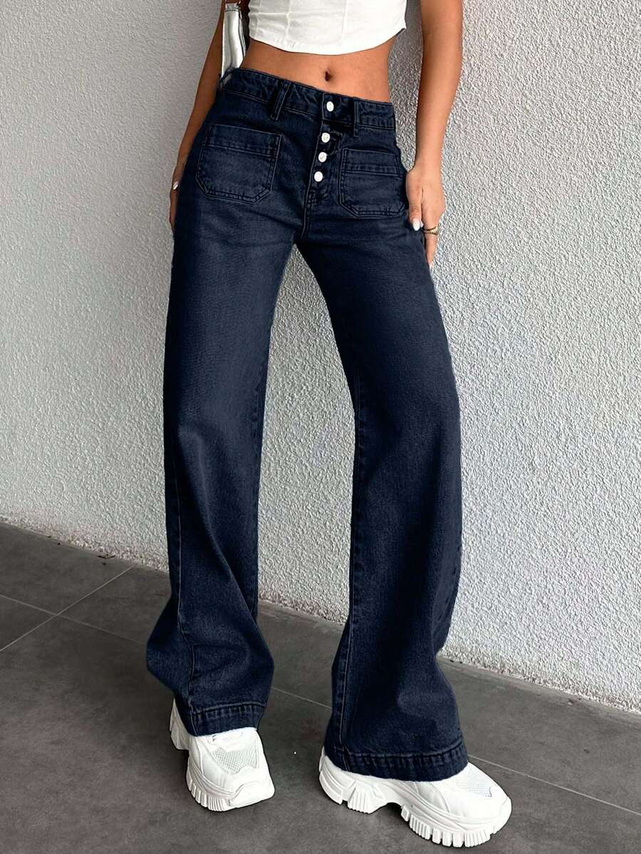 EURMUSE 98%Cotton Women's Low Waist Straight Leg Jeans - Navy Blue - View 1