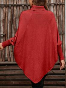 Joress Christmas Women's Solid Color Knitted Button High Neck Batwing Long Sleeve Cape Style Fitted Elegant Sweater, Autumn/Winter - Red - View 2