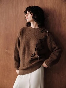 Uhlyne 女士休闲优雅宽松针织高领毛衣，适合万圣节之夜、约会之夜等场合，针织上衣 - 棕色 - 查看 5