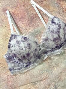 Sujetador de mujer con copa moldeada, estilo romántico de campo, con diseño de encaje, parches y volantes con estampado floral - Púrpura malva - Ver 4