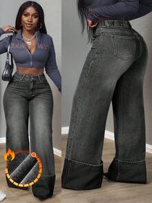 Slaydiva Jeans casuales de pierna ancha con bolsillo y botones para tallas grandes - Negro - Ver 1