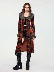 ROMWE EDITION Vintage Floral Print Plush Patchwork Cardigan Jacket For Women, Halloween - Multicolor - View 4