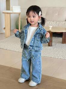 SHEIN 2 件套女婴白色珍珠装饰蓝色牛仔翻领长袖夹克和宽松裤子套装 - 淺色水洗藍 - 查看 5