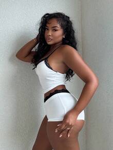 Alexandranx 2pcs/Set Colorblock Lace Splice Bow Decor Camisole And Ultra Low Waist Lace Splice Foldover Waistband Mini Shorts,Summer Sets - White - View 4