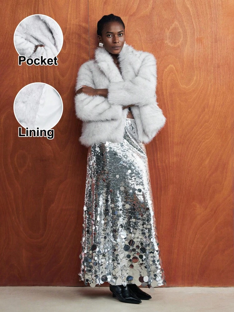 SHEIN Maija Women Plus Size Solid Color Lapel Collar Long Sleeve Loose Faux Fur Coat Winter For Women Going Out New Year Party White Winter For Women Halloween Costumes