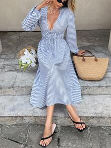 Serisse Damenkleid mit tiefem V-Ausschnitt, Taillenbund und Laternenärmeln, sexy, gestreiftes, mittellanges Kleid, Herbstkleidung für Damen, Winter, Silvester-Damenkleidung, Party-Outfit, Hochzeit, Abschlussfeier, elegant, lässig,